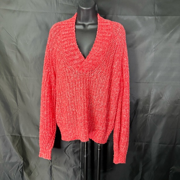 Anthropologie Vibrant Coral V-Neck Sweater - Picture 7 of 13